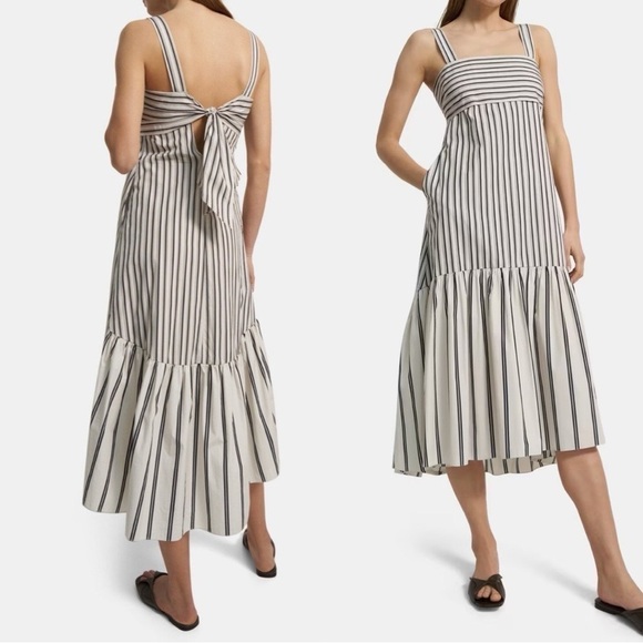 NWT THEORY Tie-Back Dress in Striped White Black Cotton Poplin Sz M - Picture 1 of 5